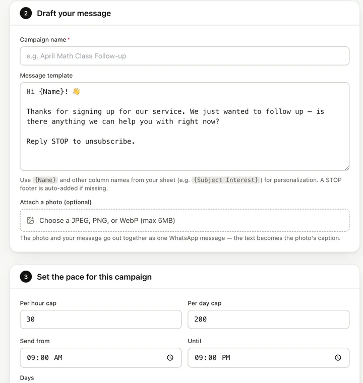 Campaign pacing with hourly and daily caps and a send window
