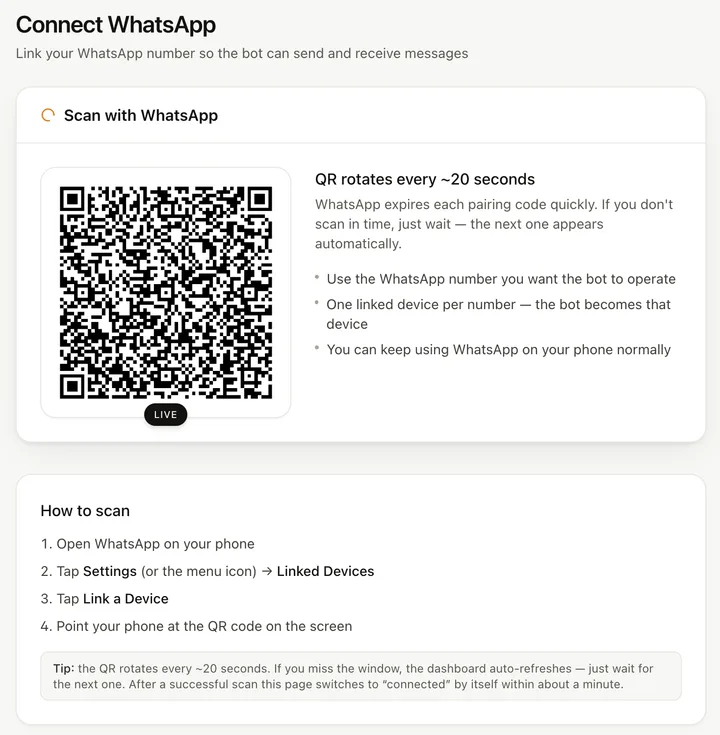 Replai Connect screen with a WhatsApp QR code